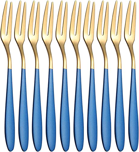 Image of Mini Cocktail Forks Appetizer Forks 18 /10 Stainless Steel Fruit Forks Dessert Forks Tasting Forks Appetizer Small Forks Set Appetizer Cake Fruit Forks Set (Blue,Set of 10)