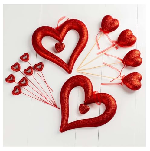 Heart Hangers and Assorted Heart Floral Stems Set of 13 Pieces - Sweet and Romantic Red Heart Decorations for Bouquets, Wreaths, Roses, and Flower Arrangements (8 to 10-1/2 Inches High)