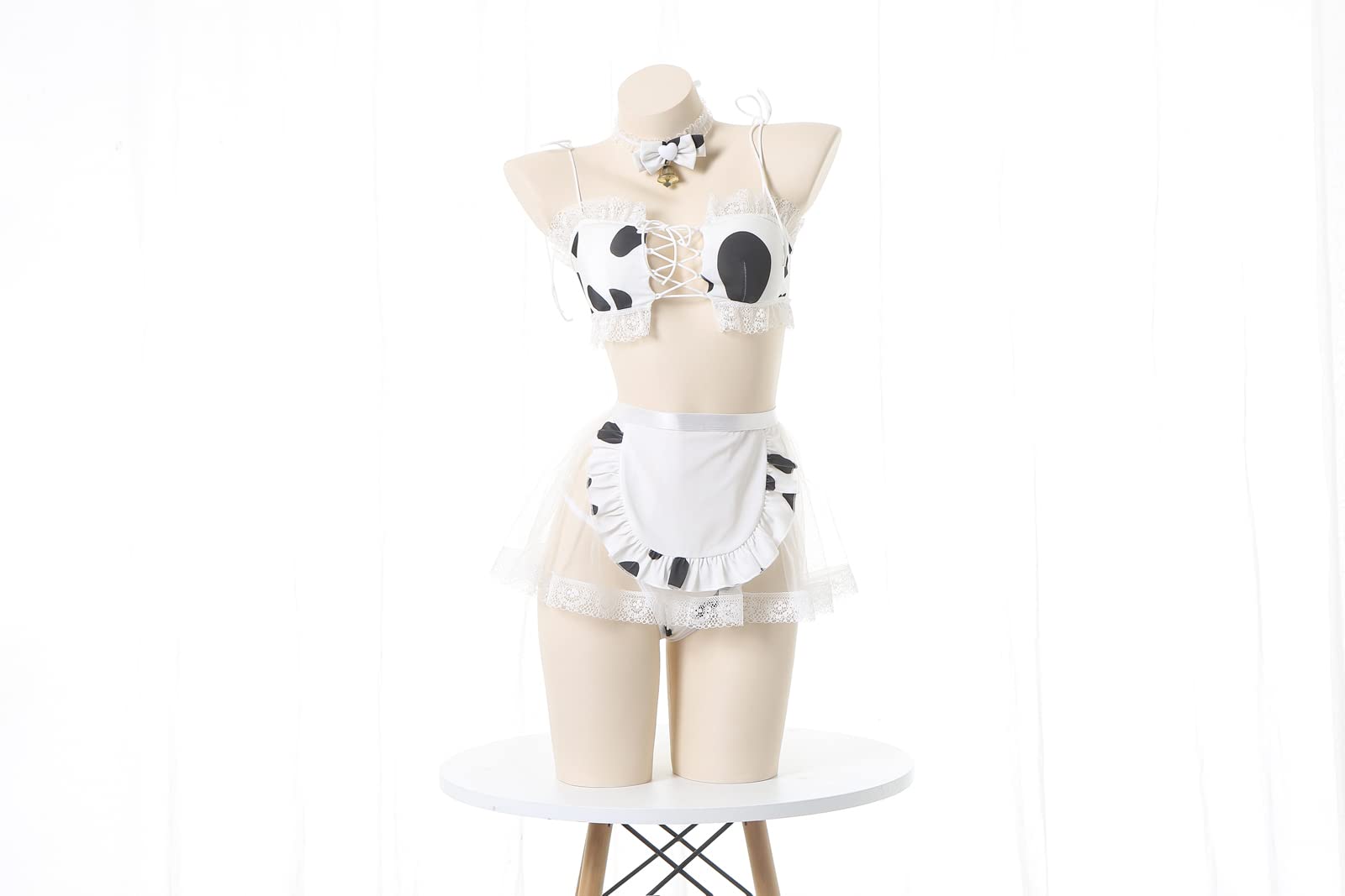 Jilneed Japanese Lolita Lingerie Set Women Kawaii Cow Print Anime Role Playing Maid Costume Sexy Bikini Underwear Set: Medium Black