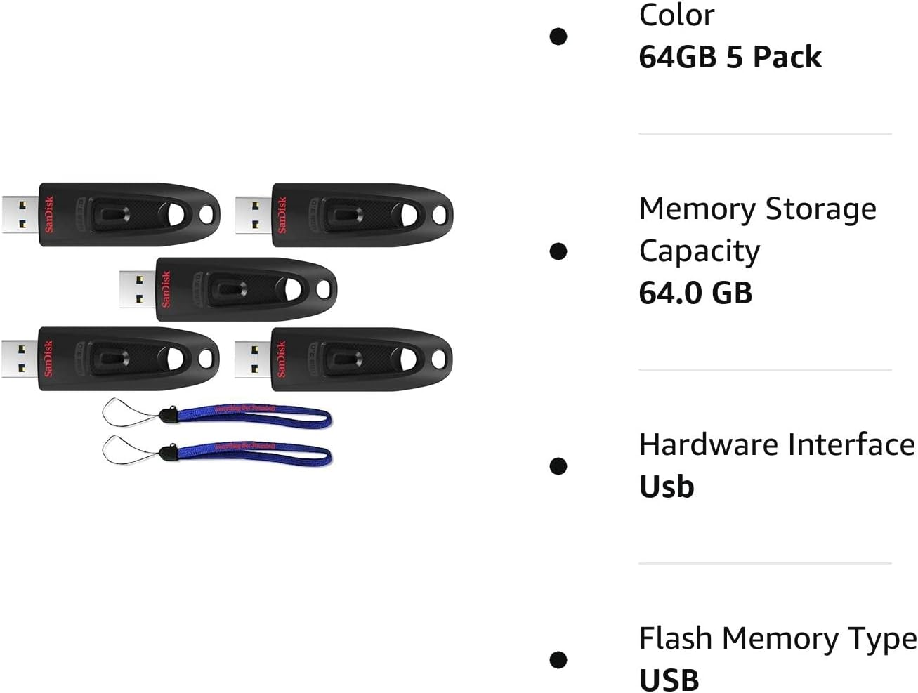 SanDisk Ultra USB (5 Pack) 3.0 64GB CZ48 Flash Drive High Performance Jump Drive/Thumb Drive/Pen Drive up to 100MB/s - with (2) Everything But Stromboli (tm) Lanyard