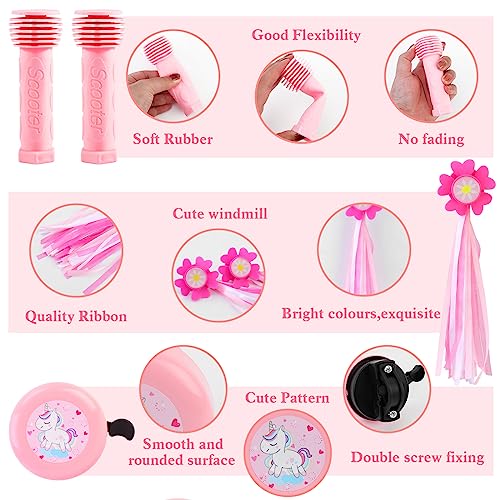 Bike Accessories for Kids Girls,Kids Scooter Handle,Bike Streamers,Spoke Beads and Bike Bell Bike Decorations Set,Bike Hand Grip,Girl Bicycle Tassels Ribbons,Unicorns Bells with Wheel Spokes Beads - Image 3