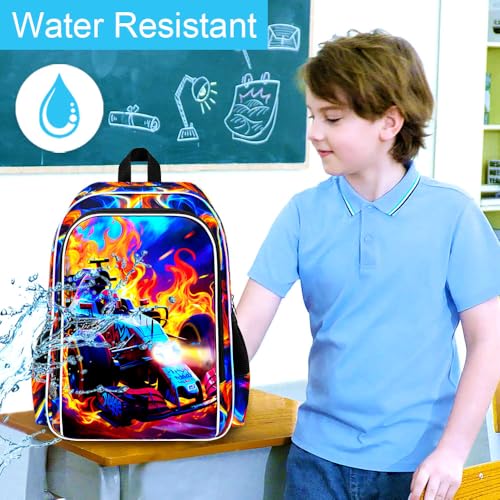 Image of 3Pcs Race Car Backpack, Boys Kids Bookbag with Lunch Box, 17 inch School Backpacks for Elementary Preschool Kindergarten (Fire Red)