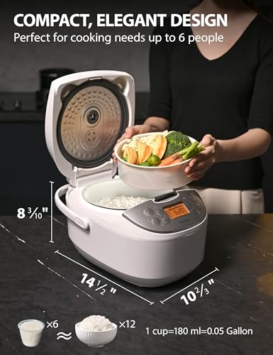 Toshiba Rice Cooker 6 Cup Uncooked – Japanese Rice Cooker with Fuzzy Logic Technology, 7 Cooking Functions, Digital Display, 2 Delay Timers and Auto Keep Warm, Non-Stick Inner Pot, White