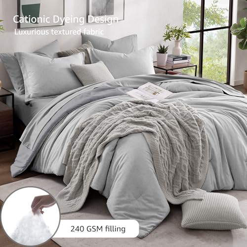 Monbix Queen Comforter Set - 7 Pieces Cationic Dyeing Light Grey Bed in a Bag Queen Bedding Sets with Comforter, Sheets, Pillowcases & Shams, Reversible Bedding Comforters Sets by Monbix - Image 3