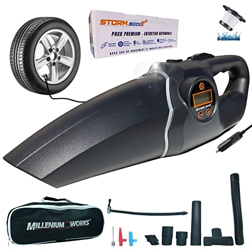 Aspirateur Voiture 120W Portable + Compresseur pour Pression des Pneus, 9 Embouts + Sac de Rangement, 12V Allume Cigare, Accessoire Auto/Camping Car Compact, Gonfleur Ballon/Vélo/Bouée/Etc