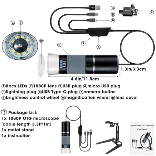 Image of Full HD 1080P USB Digital Microscope Camera for iPhone iPad Android PC, 50-1000X High Definition Portable Handheld Microscope with Light for Coin Plants Trichome Soldering Skin Scalp