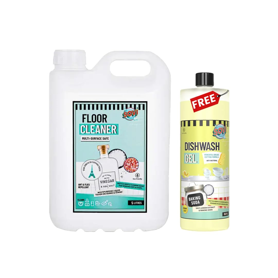 SOVI Floor Cleaner, Vinegar Powered, Stain Remover, Multi-surface Safe, Ants & Flies Repellent, Child Safe, Pet Safe, The French Connection (5 L) & Dishwasher Liquid, Antibacterial (950 ml) (B0D4H55KKM) Amazon Price History, Amazon Price Tracker