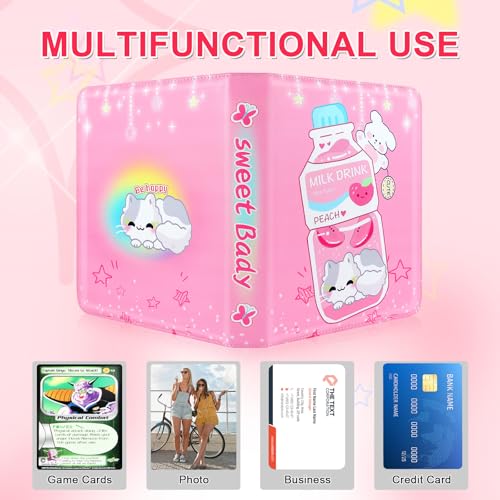 Trading Card Binder,440 Cards Collectible Trading Card Holder Case with 55 Sleeves, 4 Pocket for TCG Game Cards Collection Sports Trading Cards Collector Album (Pink milk bottle, 440 Pockets)