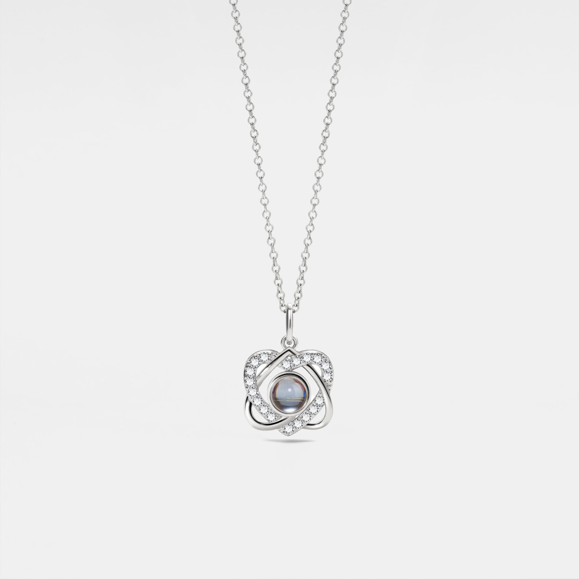 PERIMADE Collana con proiezione fotografica personalizzata con immagine commemorativa con ciondolo a doppio cuore, testo personalizzato e amore in 100 lingue CZ collana con ciondolo in argento
