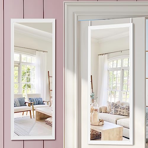 Image of NeuType Full Length Mirror, 44 inch x 16 inch Over The Door or Wall Mount Hanging, 2 Metal Hangers for Bedroom, Bathroom, Living Room Decor, White
