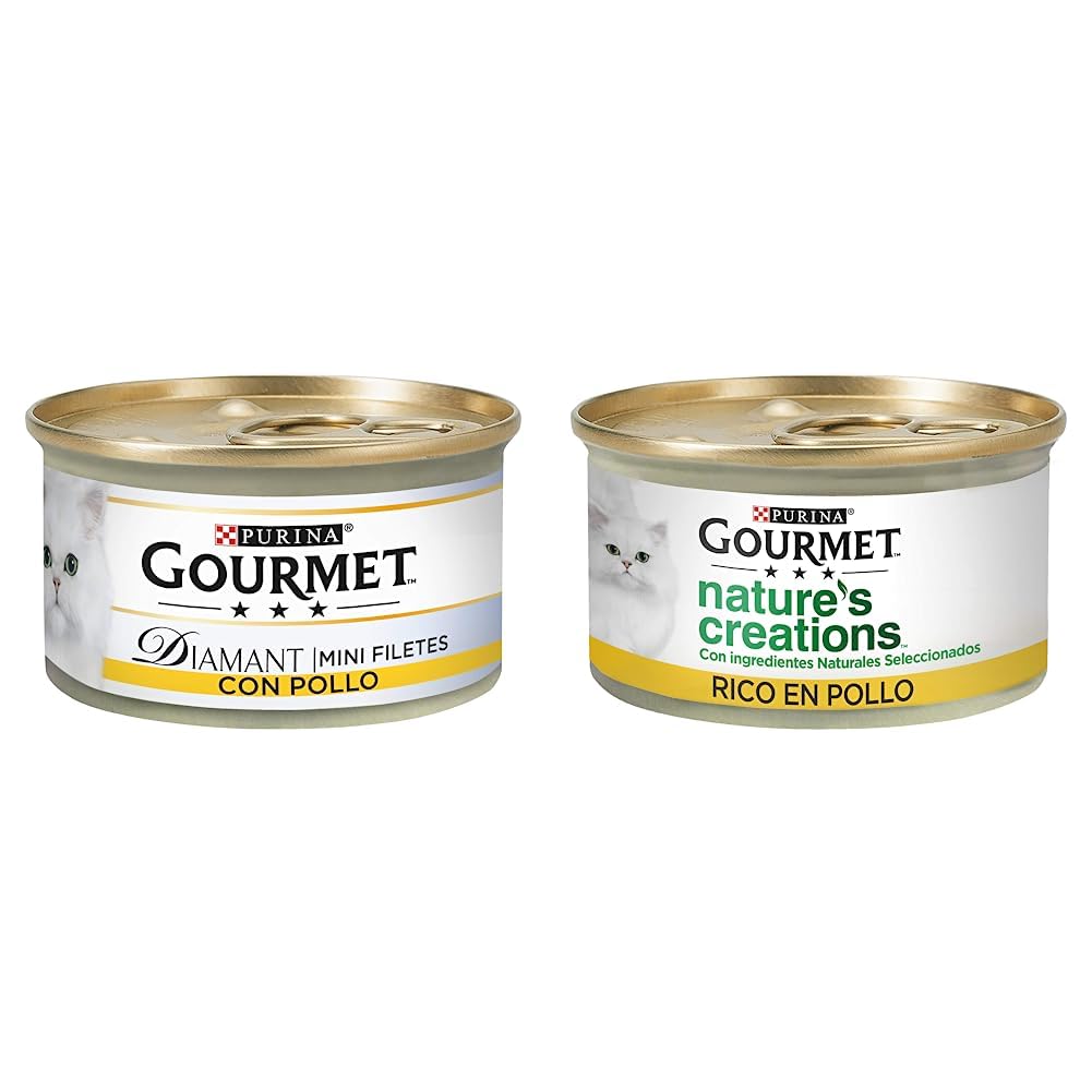 Purina Gourmet Diamant Mini Filetes en Salsa, Comida Húmeda para Gato con Carnes Asadas, 24 latas de 85g & Purina Nature's Creations Comida Húmeda Natural para Gato con Pollo, 24 latas de 85g