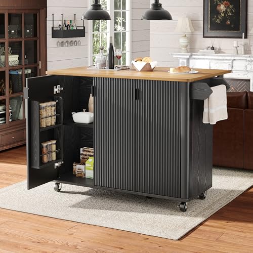LAKFEW Isla Cocina con Ruedas y Mesa Plegable, Armario Cocina con Puerta de Almacenaje, Mueble Auxiliar de Cocina con Estante Ajustable, Muebles Auxiliares, 130x45(75) x92 cm, Negro