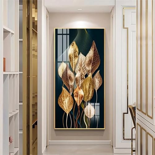 Peinture sur toile moderne feuille d'or abstraite 65x130cm cadre grand format salon