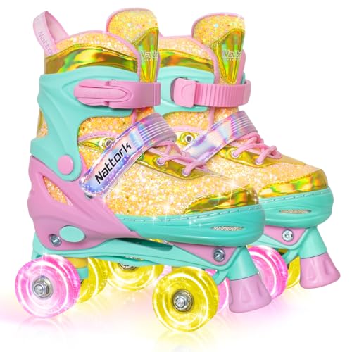 Nattork Kids Roller Skates for Girls Kids, 4 Sizes Adjustable Girls Roller Skates for Ages 3-12 with Light up Wheels & Safety Protection - Cool Birthday Gift for Indoor Outdoor Sports Yellow