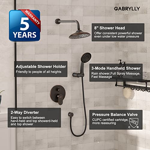Gabrylly Shower System, Wall Mounted Shower Faucet Set For Bathroom With High Pressure 8 Inch Rain Shower Head And 3-Setting Handheld Shower Head Set, Oil Rubbed Bronze (Rough In Valve Included) #TOP2