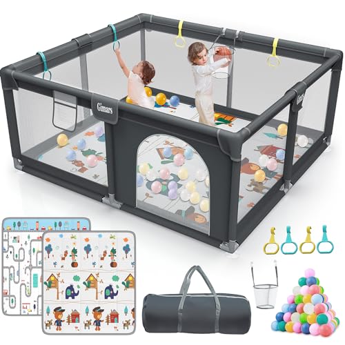 Image of Gimars Upgrade 320D Washable Baby Playpen with Padding Mat, 6in1 Large Playpen for Toddlers, Sturdy & Safe Playpen with Padded Cotton Top Rod for Protecting Babies, Baby Play Yard with Zipper Gate