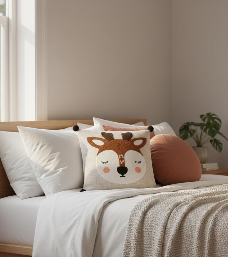 Image of Brown Cartoon Dear Embroidered Kids Cushion Cover 16 x 16 Inches or 40x40 cms Cotton Fabric Cushion Covers for Sofa Set /Diwan Beds, Sofa Throw Pillow Cover Only, Set of 1 Pc