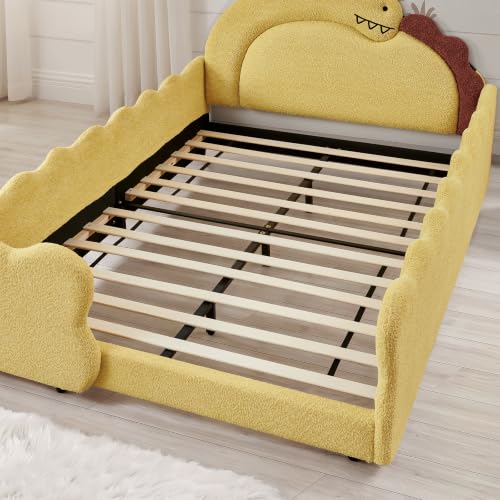Image of Full Bed Frame for Kids, Floor Platform Bed Dinosaur, Yellow