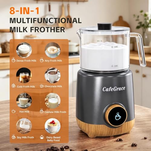 Image of 8 in 1 Milk Frother and Steamer, 20 oz Large Capacity, 550 Watts, Fast Froth Whip Creamy, Automatic Warm and Cold Foam Frother for Coffee, Latte, Macchiato, Cappuccino, Hot Chocolate