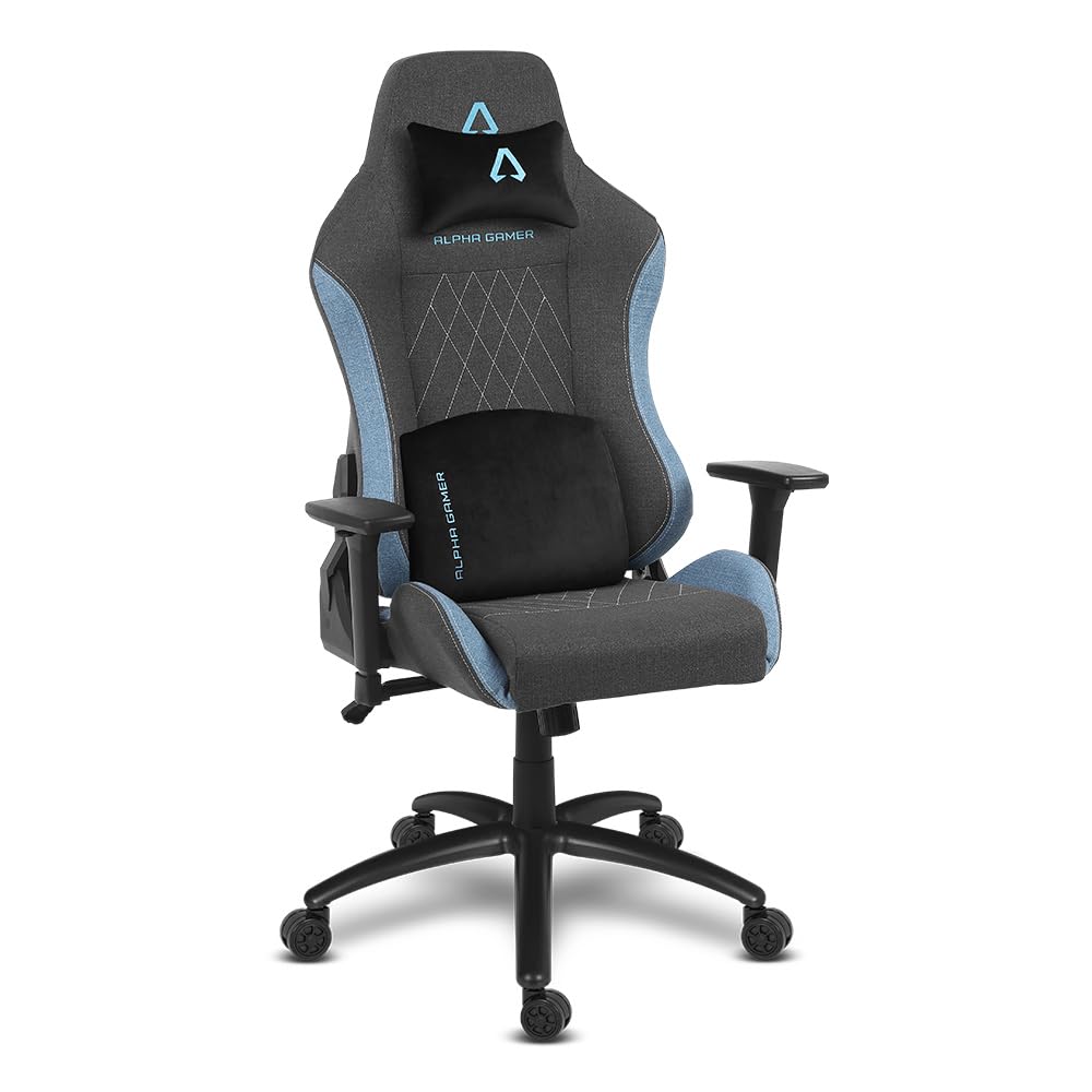 Alpha Gamer Gaia - Silla Gaming en Tela, Ergonómica, Reposabrazos Ajustables, Cojín Cervical removible con imán, Cojín Lumbar con Espuma viscoelástica, Base de Metal, 150KG - Gris Oscuro y Azul