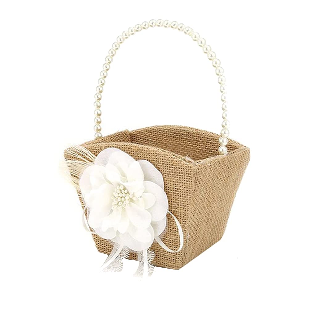 RETTI Flower Girl Basket Rustic Burlap for Vintage Rustic Wedding Party Flower Basket with Pearl Handle