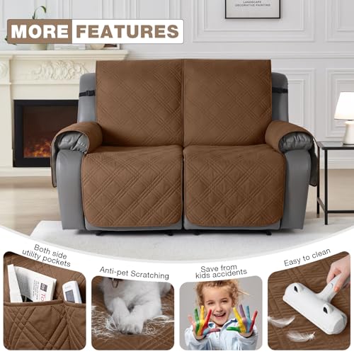 Image of TAOCOCO 100% Waterproof Loveseat Recliner Cover, Non Slip Split Recliner Couch Cover with Elastic Straps, Washable Reclining Sofa Cover Furniture Protector for Kids, Pets(2 Seater, Brown)
