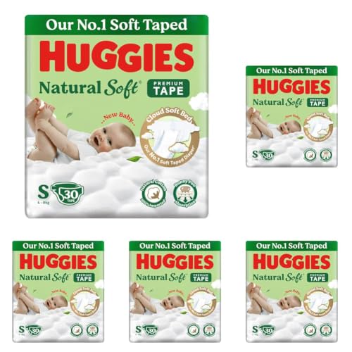 Image of Huggies Natural Soft Premium Tape Diapers Small (S) Size, 4-8 kgs, 30 Count | Our No.1 Soft Taped Diaper with Cloud Soft Bed and Runny Poo Absorption (Pack of 5)