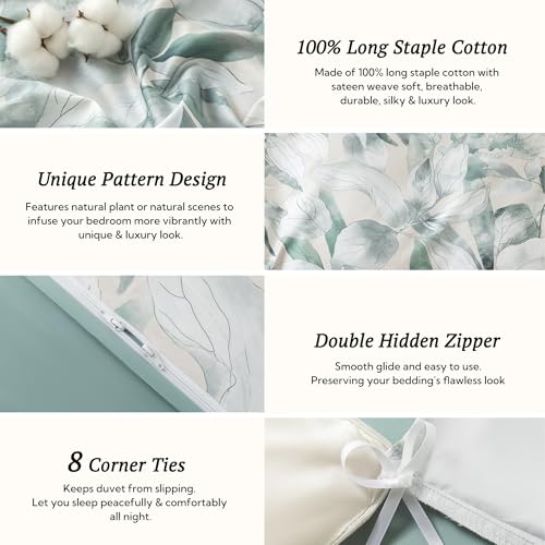 MILDLY Cal King Size Duvet Cover Set 100% Long-Staple Cotton Luxury Sage Green Leaves Patten Reversible Comforter Cover Set 3Pcs