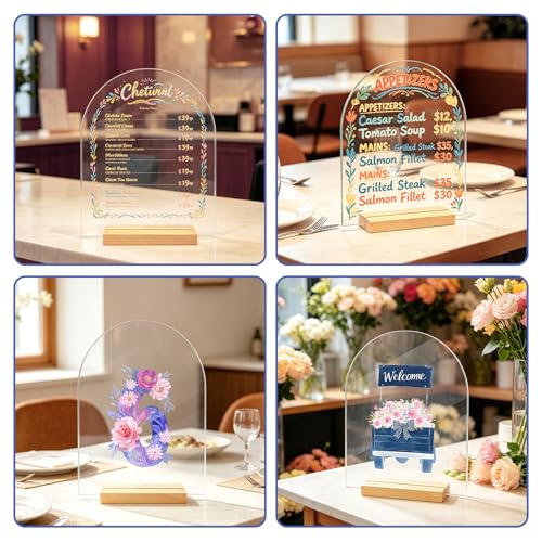 Image of Bercoor 5 Pack 8x10 Inch Blank Clear Arch Acrylic Sign with Wooden Stands, Arched Round Top Acrylic Sheet, Arch Table Numbers for DIY Name Card Gifts Event Party Sign Decoration