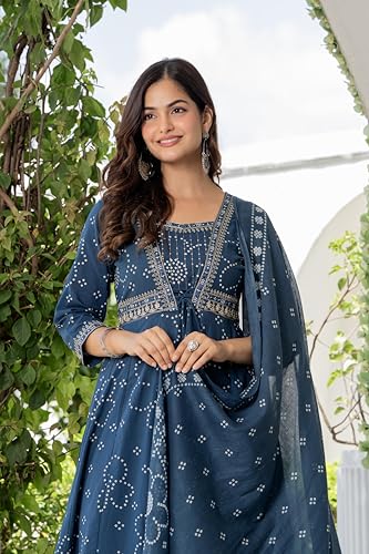 Image of Rangnavi Women's Cotton Trending Anarkali Embroidered Kurta with Pants and Dupatta Set | Ethnic Set (Blue)
