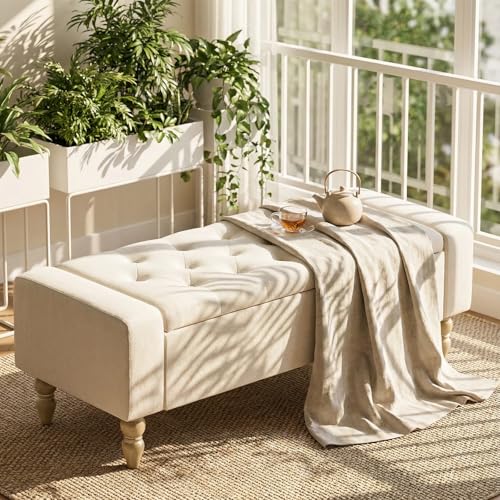 Hellove Banc de Rangement 120cm avec Pieds en Bois, Lin Coffre de Rangement Ottomane Bout de Lit, Support 150kg, Banc Chaussures Entrée pour Chambre à...