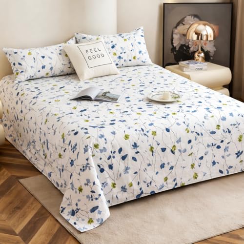 Image of 240 TC Soft Ezyption Cotton Floral Print King Double Bed bedsheet - with 2 Pillow Covers,bedsheet for Double Bed King Size Hypoallergenic, Brethable, (Size- 90 x 90 Inch) Blue & White