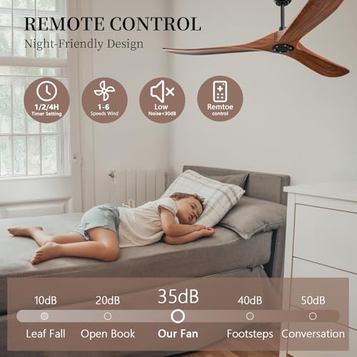 Image of Obabala 52 Inch Ceiling Fan No Light, Wood Indoor Outdoor Ceiling Fans Without Lights, Modern Propeller Exterior 3 Blade Wooden Fan for Patios Bedroom Living Room Porch(Walnut)