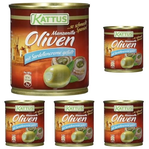 Kattus - Grüne Manzanilla Oliven mit Sardellencreme gefüllt | Entsteinte Oliven, in Lake | 85 g in der Dose (Packung mit 5)