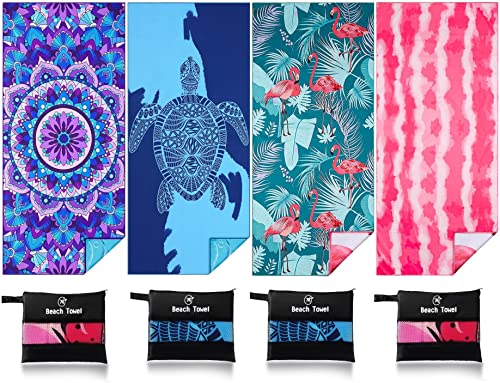 4 Pack Lightweight Thin Beach Towel Oversized 71"X32" Big Extra Large Microfiber Sand Free Towels For Adult Quick Dry Travel Camping Beach Accessories Vacation Gift Sea Turtle Mandala Flamingo Stripe #TOP6
