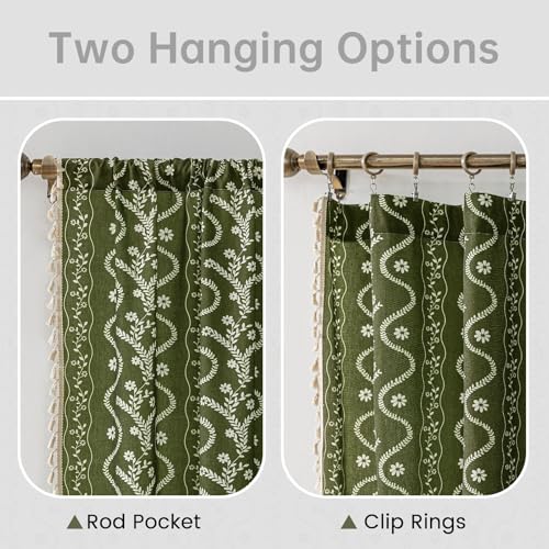 Image of Olive Green Floral Curtains 54 Inch Long for Living Room, Bedroom, 2 Panels Boho Farmhouse Vintage Tassel Semi Sheer Privacy Window Curtains Drapes with Rod Pocket