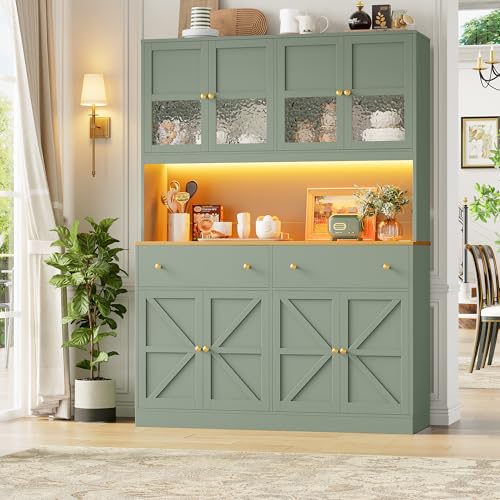 Image of FINETONES 71 inch Pantry Cabinet with LED Light and Charging Station, Farmhouse Kitchen Pantry Cabinet with Microwave Stand, 47.2 inch Wide Kitchen Hutch Food Pantry with Open Countertop, Green