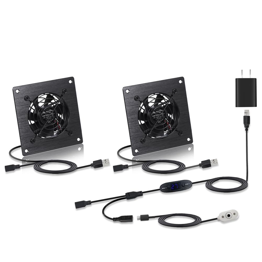 Silent 4" (80mm) Temperature-Controlled USB/DC Fan - 5V/12V Dual Voltage, 10-Speed Settings, Perfect for RVs, Greenhouses & AV Cabinets