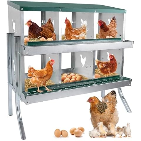 POWLAB 6 Compartment Chicken Nesting Box with Elevated Metal Legs - Durable Roll Away Egg Collection, Perch, Secure Lid - Versatile Wall Mount or Free Standing for Chickens, Hens, Ducks Cover