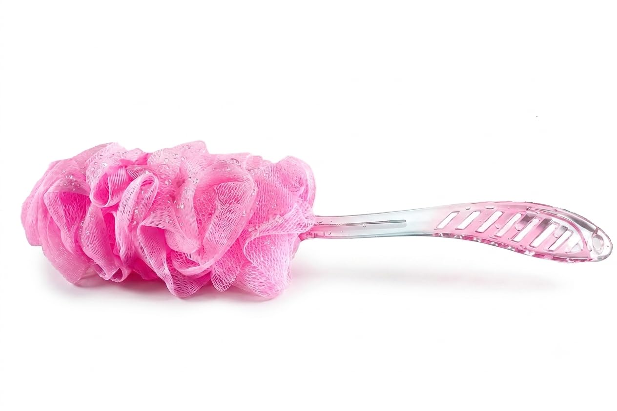 Bath Loofah Brush for Back Cleaning Long Handle | Soft Nylon Mesh Body Scrubber with Extended Plastic Handle | Shower Loofah for Men & Women | Pink-image-18