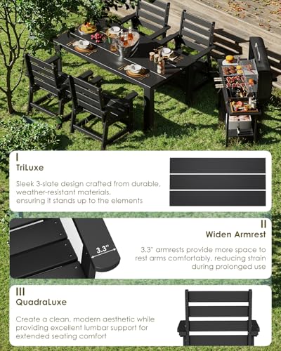 Image of GREENVINES 5-Piece Outdoor Dining Set | HDPE | Patio Table and Chairs Sets for 4 | Patio Furniture | All Weather | Umbrella Hole | Black | for Backyard Poolside Garden