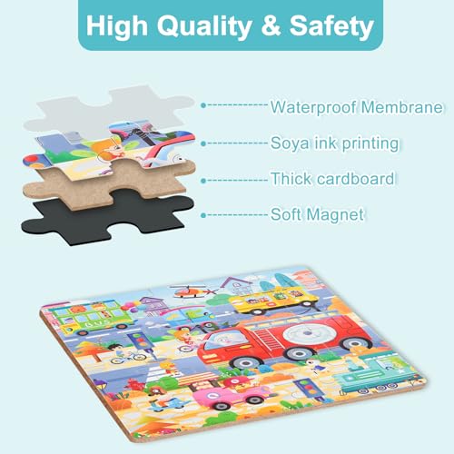 Image of ASTARON Magnetic Puzzles 97 Pieces Traffic Kids Educational Travel Toys | Folding puzzle book, each book contains 3 scenes, 3 difficulty levels, advanced puzzle book, easy to store, educational toy