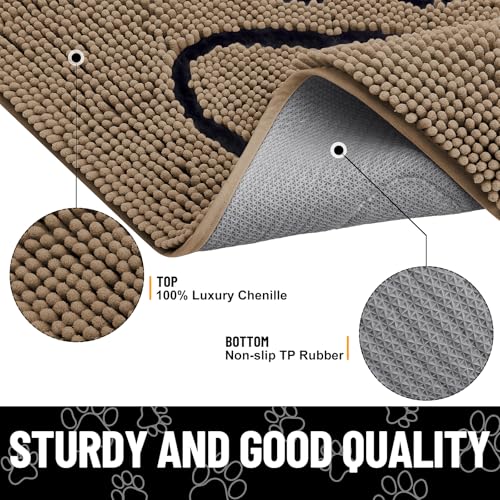 Image of Smiry Dog Door Mat for Muddy Paws, Absorbent Dirt Trapper Non Slip Quick Dry Washable Chenille Mat for Mud Dogs, Entry Rug for Indoor and Outdoor (40x24 Inches, Camel and Black)