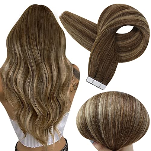 Fshine Balayage Tape in Real Human Hair Extensions 24 Inch Skin Weft Human Hair Extensions Tape in Hair Color 4 Fading to 24 Honey Blonde Highlight 4 Medium Brown Glue in Hair Extensions 50 Grams