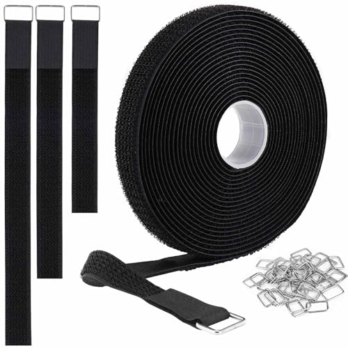 Correas de velcro de 2 cm x 5 m con 25 hebillas de metal, bridas reutilizables de corte a longitud, correas de cable de cierre ajustables, correa de nailon de seguridad, 2 cm de ancho, color negro