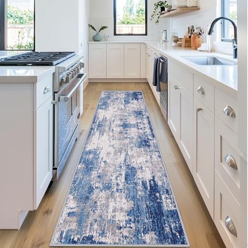 Washable Area Rugs 2'x6' Non-Slip Modern Abstract Soft for Living Room Entryway Bedroom Nursery, Print Pattern, Blue Grey Navy Gray