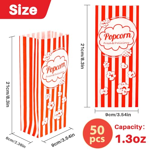 Image of MAQIHAN 50 Popcorn Bags Individual Servings - Flat Bottom Paper Popcorn Food Bags Party Pop Corn Sleeves Bulk Carnival Halloween Snack Packs Gift Favor Treat bolsas para palomitas Movie Night Supplies