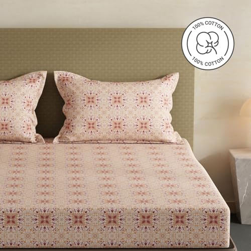 Image of Layers 100% Cotton Fitted Sheet for King Size Bed | Lumina Floret Collection | 144 TC Soft & Breathable | Printed with 2 Pillow Covers | Wrinkle Free & Colorfast | 3 Pc Bedding Set - Pink