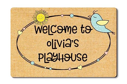 VOTANTA Personalized Playhouse Doormat Cute Sunshine Mat for Kids Girls Boys Custom Name Playhouse Sign Treehouse Yard Clubhouse Decor Kids Playground Welcome Door Mat Rug Indoor Outdoor 24
