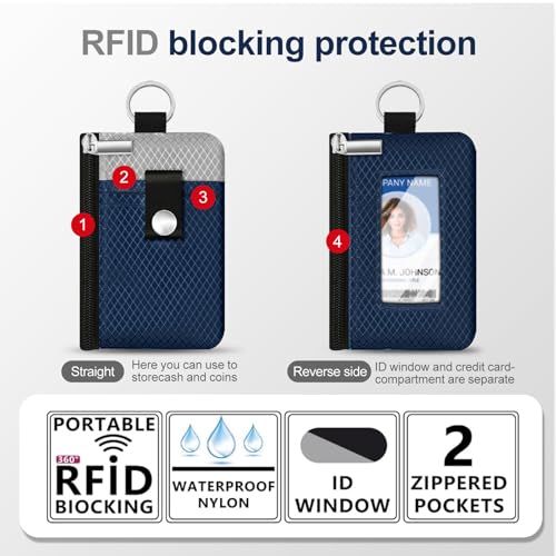 Image of Minimalist RFID Blocking Small Wallet with ID Window,WaterResistant Zip Id Case Wallet with Lanyard Keychain for Cards,Cash,Travel,Women,Men (Dark Blue /Light Gray)